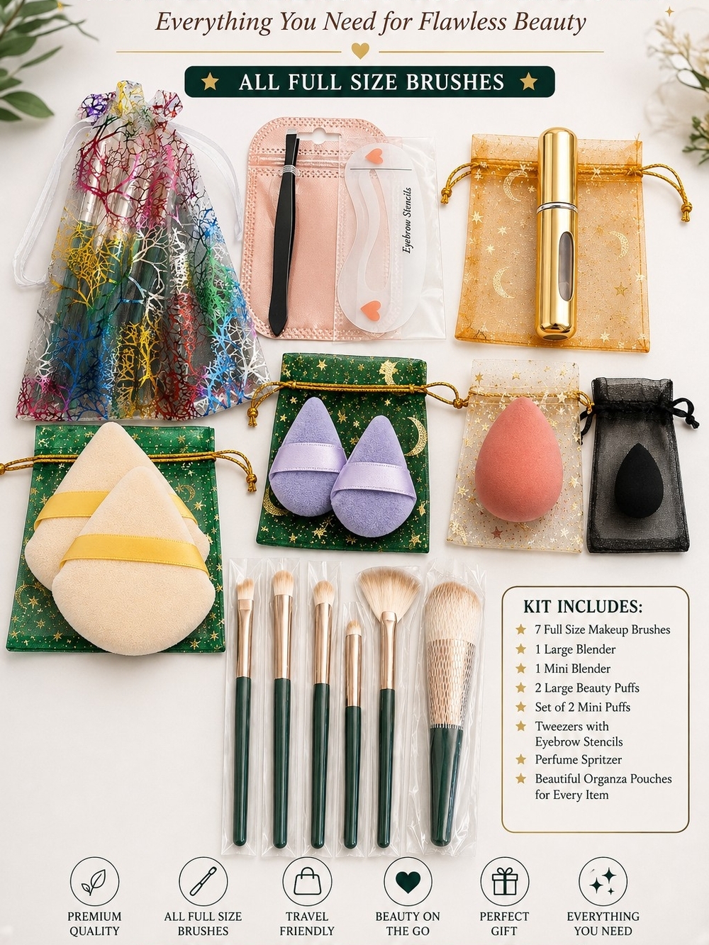 Green Full Size Makeup Brush, Sponge Set Asst Color & More - Complete Beauty Set